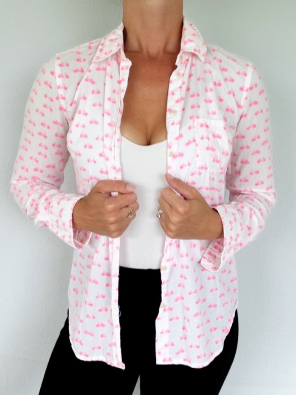 Merona neon pink bicycle print 100% cotton button down blouse size XS